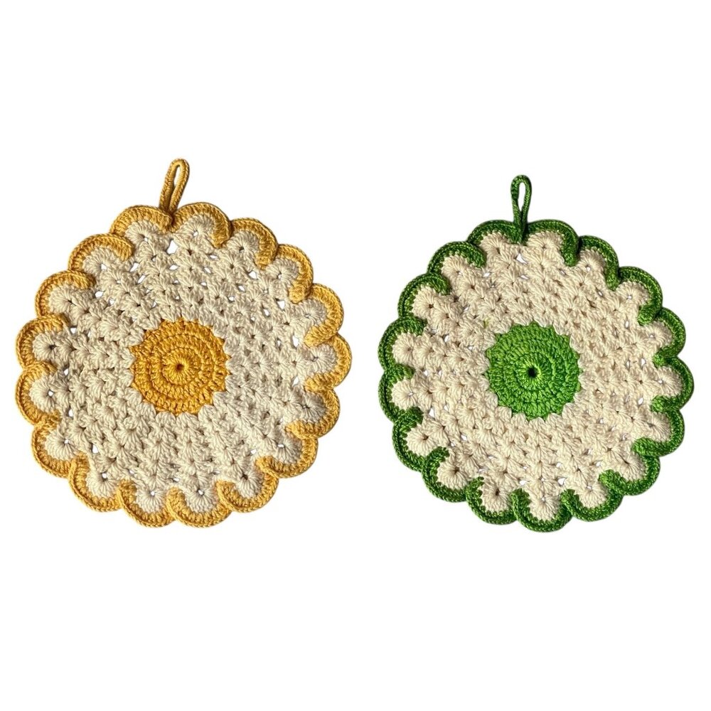 Hand-Crocheted Floral Pot Holders Set Of 2  5.5" x 6.5"  Cream Yellow & Green